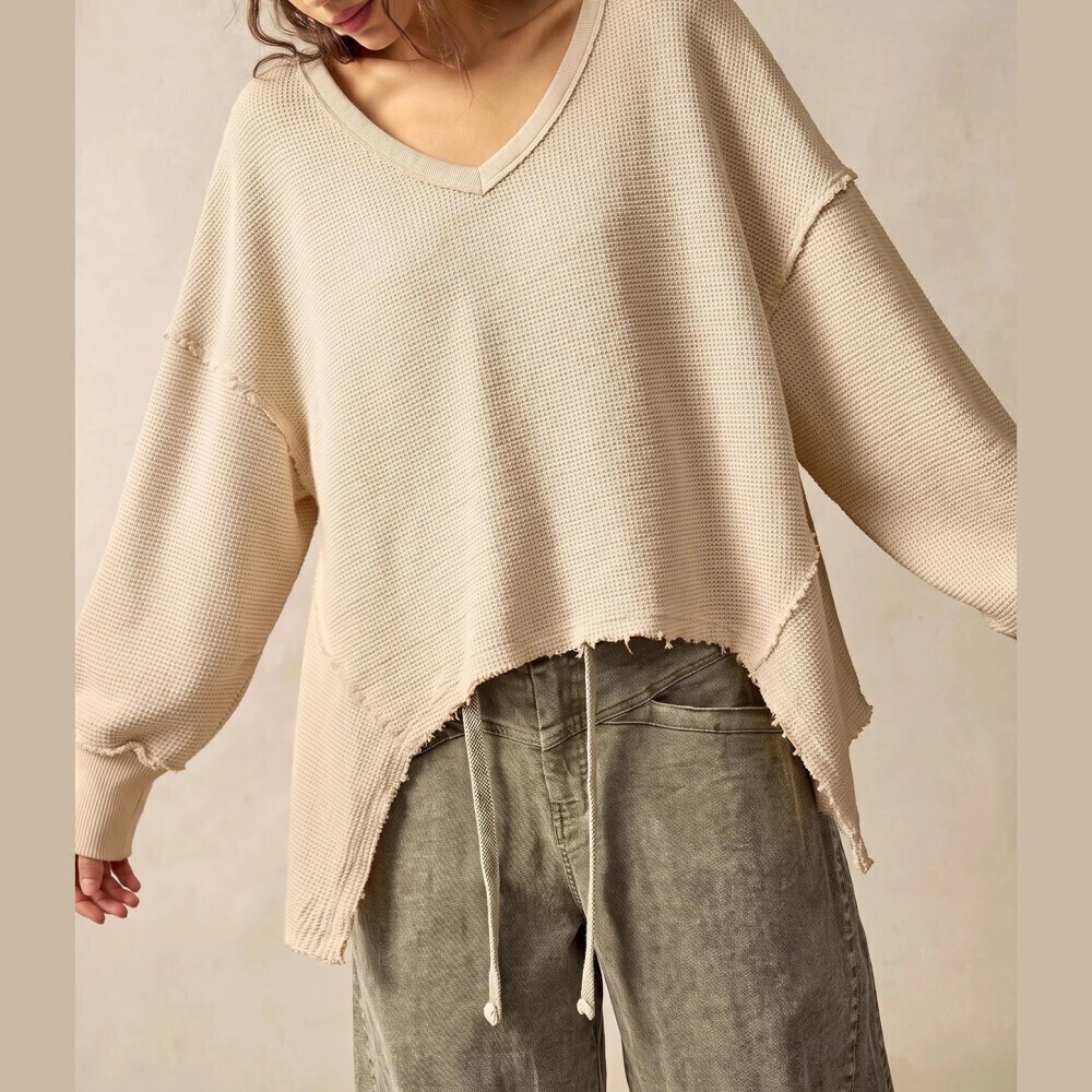 Cream Waffle Knit Raw Torn Hem V Neck Oversized Sweatshirt